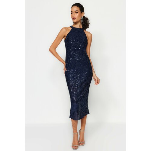 Trendyol Navy Blue Fitted Evening Dress with Knitting Lined and Shimmering Sequins Slike
