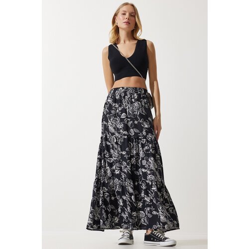 women's Black Floral Patterned Flounce Viscose Skirt Slike