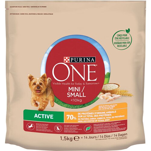 Purina One Mini Active pi&amp;scaron;čanec in riž - Varčno pakiranje: 18 kg (12 x 1,5 kg) Slike