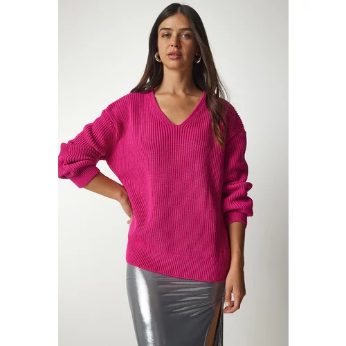 Happiness İstanbul Women's Pink V-Neck Oversize Basic Knitwear Sweater