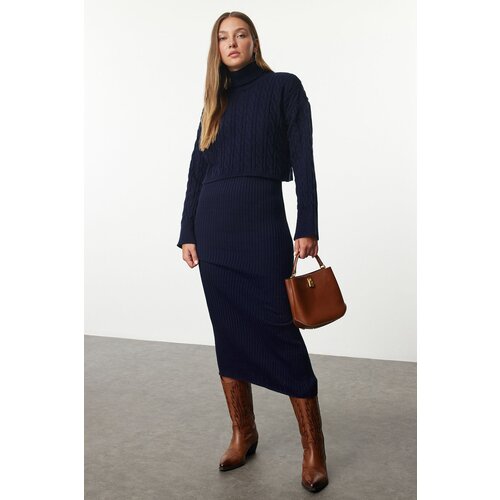 Trendyol Navy Blue Midi Knitted Sweater-Dress Set Slike