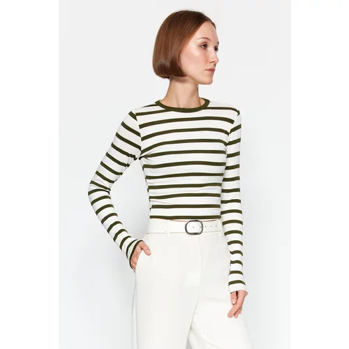 Trendyol Khaki Stripe Premium Viscose Soft Fabric Fitted Crop Stretchy Knitted Blouse
