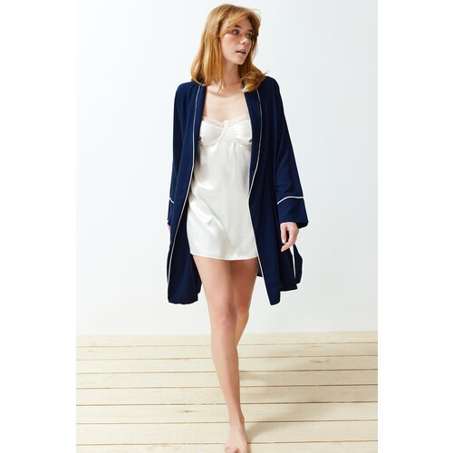 Trendyol Navy Blue Belted Piping Detailed Woven Dressing Gown Cene