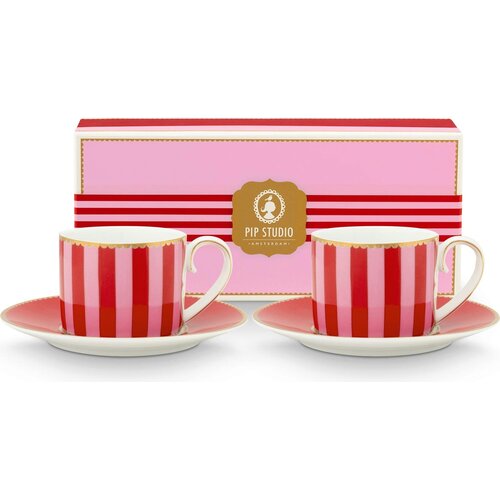 Pip Studio Love Birds - komplet dveh skodelic za espresso in krožnikov - rdeča črtasta Cene