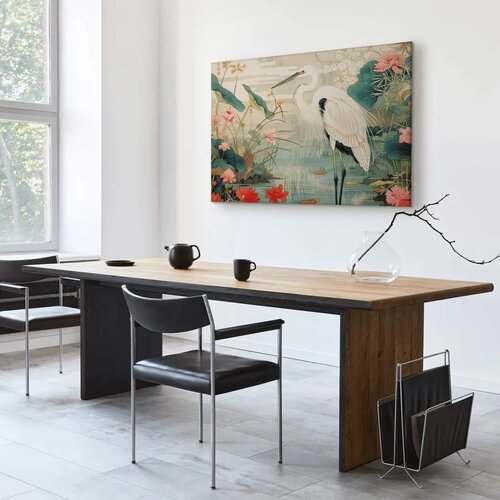  Slika - By an Asian pond - an illustration in the style of a Japanese engraving depicting a heron 120x80 Na talijanskom platnu Slike