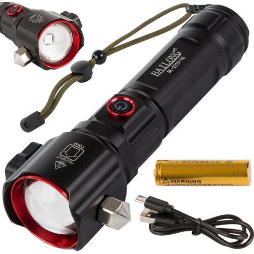  3v1 taktična aku. LED alu. ročna svetilka ZOOM kladivo + powerbank Cene