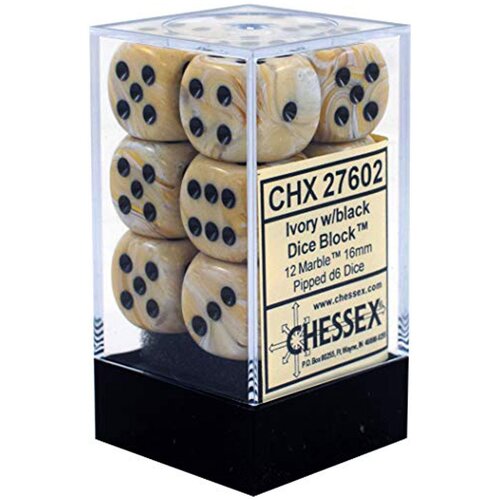 Chessex kockice - marble - ivory &amp;amp; black - dice block 16mm (12) Slike