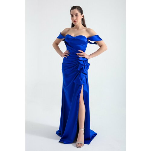 Lafaba Women's Saxe Blue Heart Collar Frilly Long Satin Evening Dress Slike
