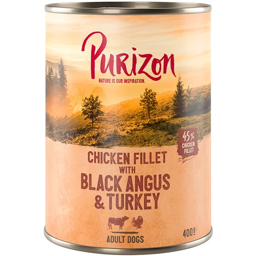 Purizon Varčno pakiranje Adult 24 x 400 g - brez žit - Govedina Black Angus & puran s sladkim krompirjem in brusnicami