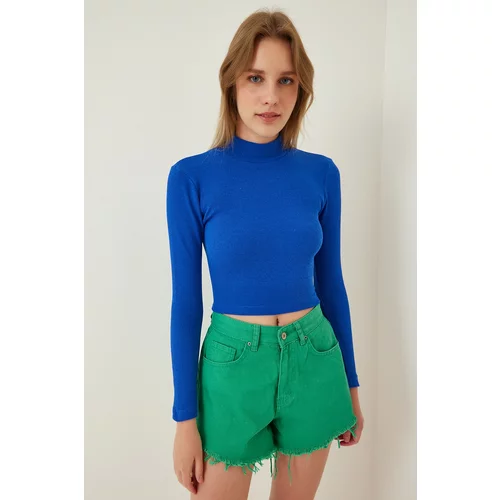 Happiness İstanbul Women's Vibrant Blue Ribbed Turtleneck Crop Knitted Blouse