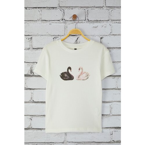 Trendyol Ecru Printed Fitted/Body Fitted Knitted T-Shirt Slike