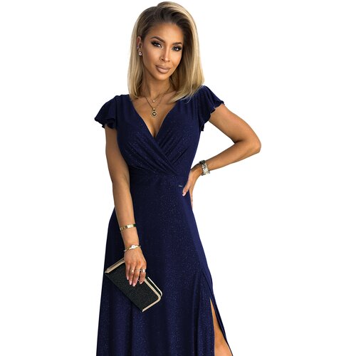 Numoco women&amp;#039;s glittery long dress with CRYSTAL neckline - dark blue Slike
