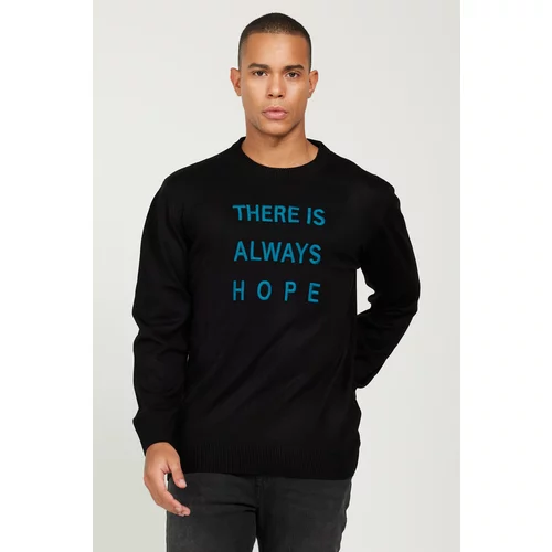 ALTINYILDIZ CLASSICS Men's Black Anti-Pilling Fabric Standard Fit Crew Neck Printed Knitwear Sweater.