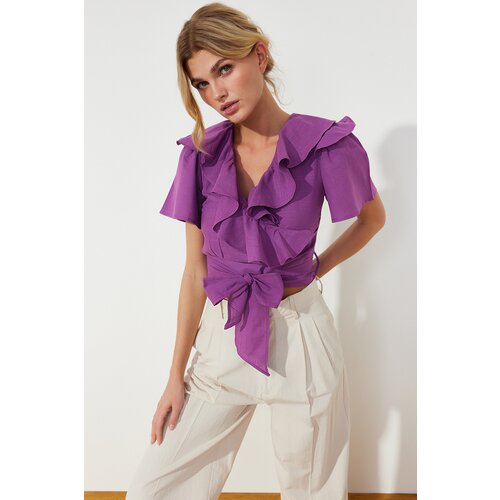 Trendyol Purple Frill and Tie Detailed Woven Blouse Cene