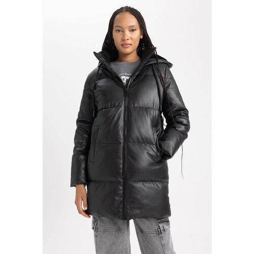 Defacto Waterproof Relax Fit Hooded Puffer Faux Leather Jacket Cene