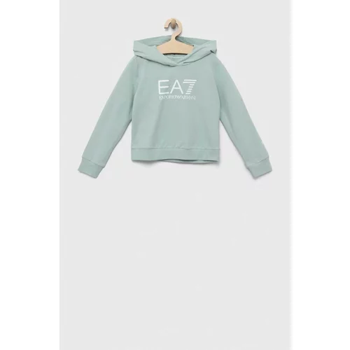 Ea7 Emporio Armani Otroški pulover turkizna barva, s kapuco