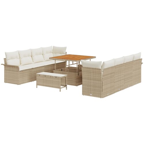 VidaXL Set od 11 Dijelova Vrtne Sofe s Jastučićima Bež Poly Ratan Akacija, 2-Satni Vrtni Sofa s Pohranom i Jastučićima Bež Poly Ratan, Set od 3 Dijela Vrtne Blagovaonice s Jastučićima Bež Poly Ratan Akacija Slike