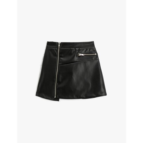 Koton Mini Skirt Faux Leather Look Zippered Asymmetric Cut With Pocket Slike