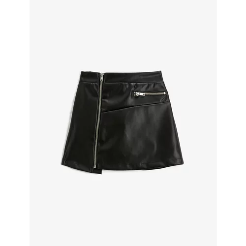 Koton Mini Skirt Faux Leather Look Zippered Asymmetric Cut With Pocket