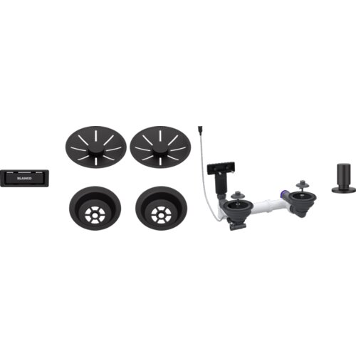 Blanco pribor mat black infino set 2x3,5&amp;quot; za dva umivalnika (skodelice, infino okrasne rozete, c-prelivni prelivni set), z daljinskim upravljalnikom okrogel dvigalo mat black Slike