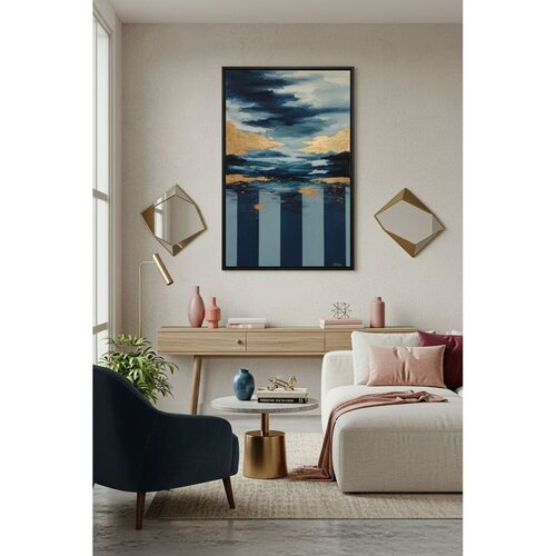 Wallxpert uramljena slika na platnu Huhu3110, tamnoplavo nebo sa zlatnim oblacima nad plavo-bež prugama, 50 x 70 cm Cene