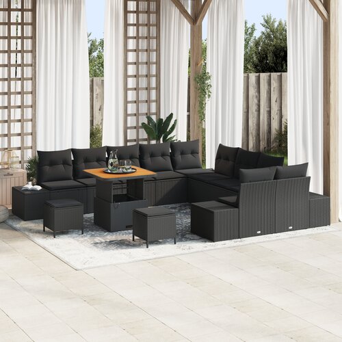 vidaXL 13-dijelni vrtni sofa set s jastucima Crna Poli Ratan Akacija, sofa za 2 osobe s pohranom i jastucima Crna Poli Ratan, 3-dijelni vrtni stolni set s jastucima Crna Poli Ratan Akacija Cijene