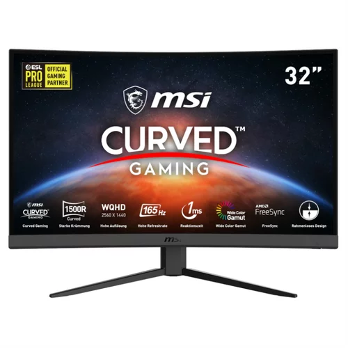 MSI G32CQ4 2560x1440 Curved Gaming 165Hz VA 1ms 2xHDMI DisplayPort FreeSync Premium Optix črna ukrivljeni monitor, (20529230)