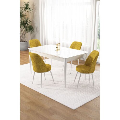 Hanah home trpezarijski set Pir, sto i 4 stolice, bela ploča, senf žuta tkanina Babyface Cene