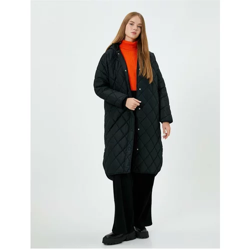 Koton Quilted Long Coat with a Hooded Pocket