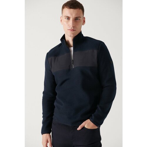 Avva Men's Navy Blue Zippered Stand Collar Parachute Fabric Detailed Standard Fit Regular Cut Fleece Sweatshirt Cene