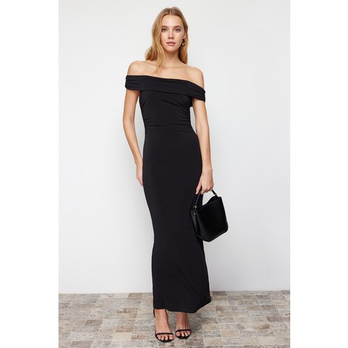 Trendyol Black Maxi Fitted Carmen Collar Flexible Knitted Maxi Dress Slike
