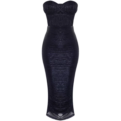 Trendyol Navy Blue Fitted Lined Shiny Dress