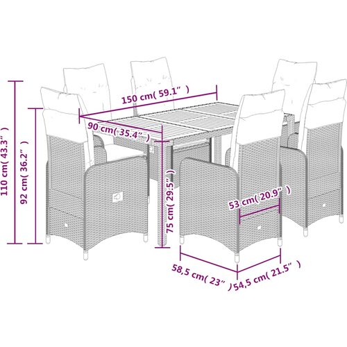  7-dijelni vrtni bistro set od poliratana s jastucima sivi Siva 150 x 90 x 75 cm Slike