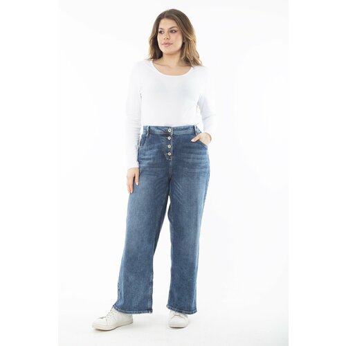 Şans Women's Plus Size Blue Lycra 5 Pocket Wide Leg Front Buttoned Jeans Slike
