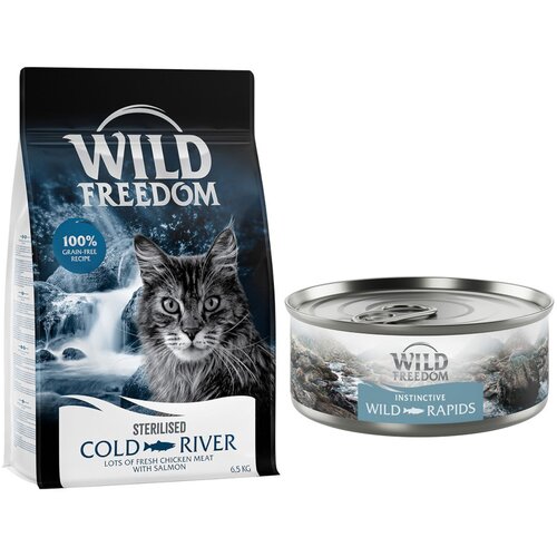 Wild Freedom suha mačja hrana 6,5 kg + WF Instinctive mokra mačja hrana 6 x 70 g po posebni ceni! - Adult "Cold River" Sterilised losos - recept brez žit 6,5 kg + Instinctive Wild Rapids - losos 6 x 70 g Cijene