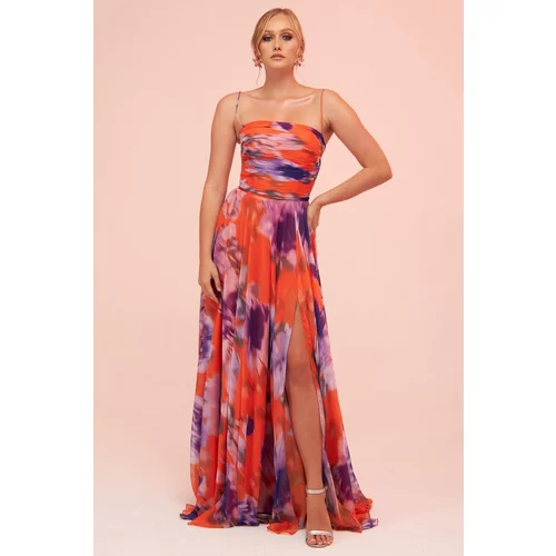 Carmen Orange Straps and Slits Evening Dress.
