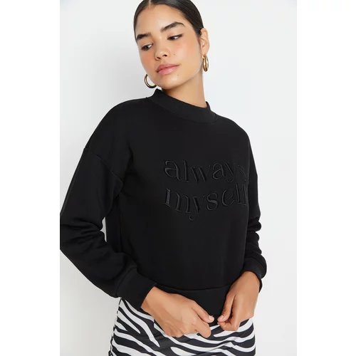 Trendyol Black Slogan Embroidered Basic Knitted Sweatshirt