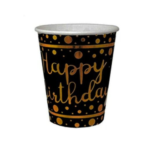 Happy birthday crno zlatne kartonske čaše 1/6 Slike