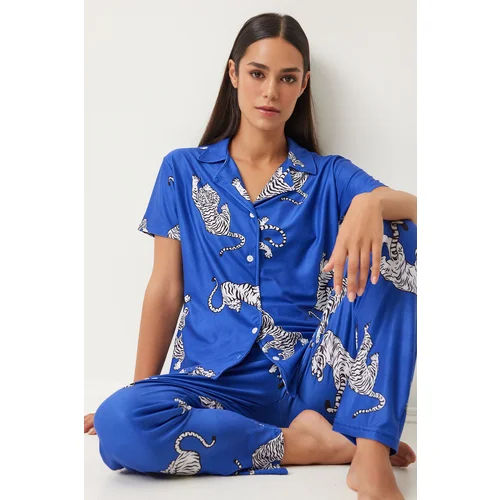 Happiness İstanbul Women's Dark Blue Patterned Shirt and Pants Knitted Pajama Set