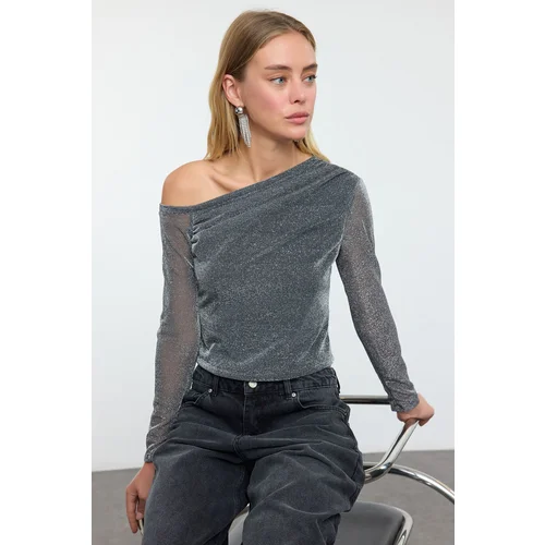 Trendyol Gray Asymmetric Collar Glittery Knitted Blouse