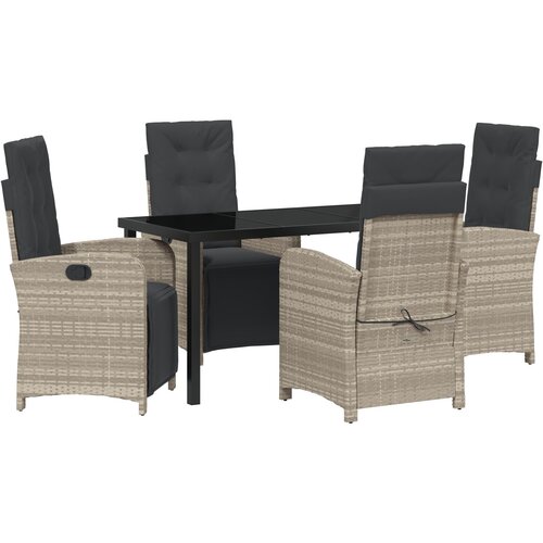 VidaXL vrtni set za objedovanje od 5 dijelova s jastučićima svijetlosive boje poli ratana, vrtni stol crne boje 140x80x73 cm kaljeno staklo Slike