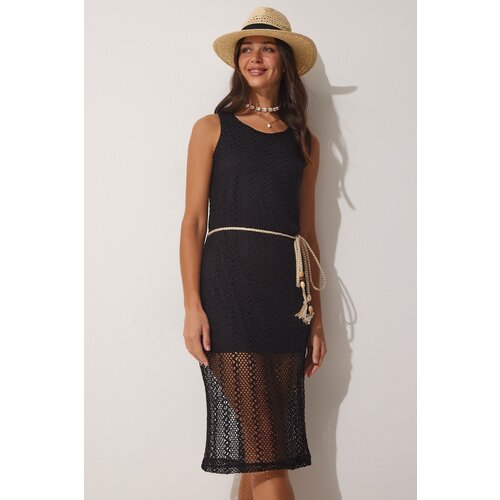  Women's Black Rope Belt Lace Textured Knitted Dress Cijene