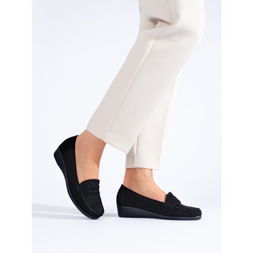 SHELOVET Suede black loafers on a low wedge Slike
