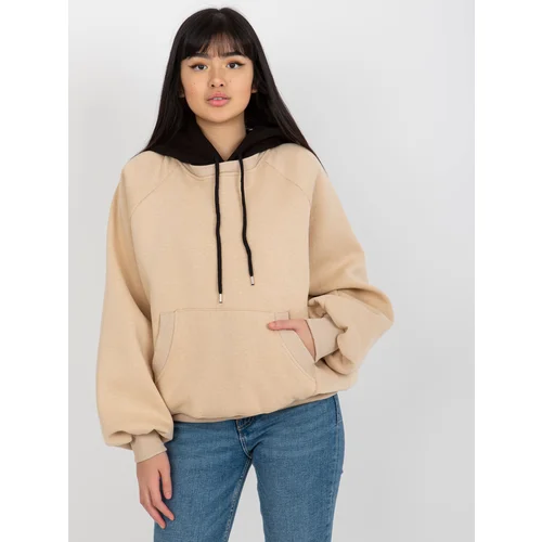 Fashion Hunters Beige-black basic hoodie with a loose cut