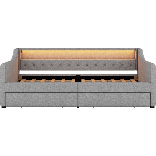 Lumor Postelja s klopjo v lanu 90x200 cm z LED - 2 predala in USB priključki - Z lesenimi letvicami - Siva, (22155920) Cene