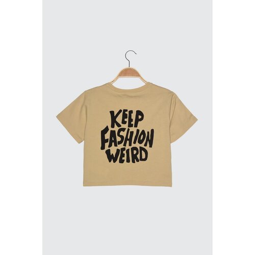 Trendyol Beige Crop Back Printed Knitted T-Shirt Slike