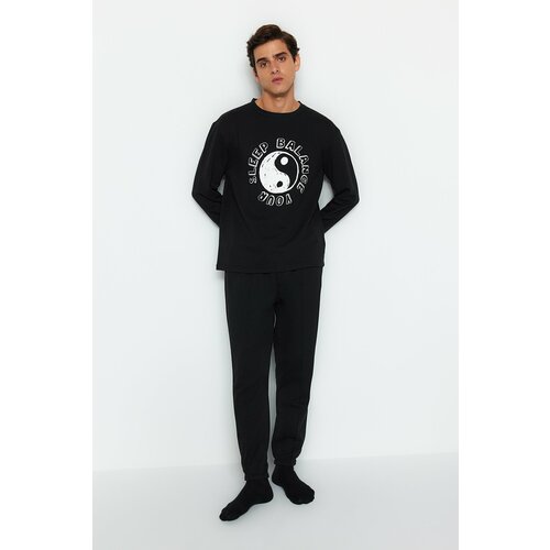 Trendyol Men's Black Regular Fit Printed Knitted Pajamas Set Slike