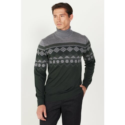 ALTINYILDIZ CLASSICS Men's Green-Grey Standard Fit Regular Fit Full Turtleneck Patterned Knitwear Sweater Slike