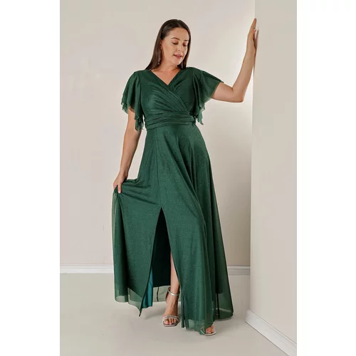 By Saygı Double Breasted Neck Front Draped Lined Plus Size Long Silvery Dress with Flounce Slit on the Sleeves