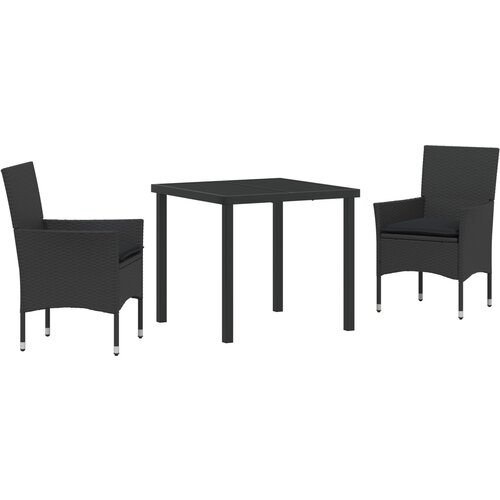 VidaXL 3-dijelni vrtni set za obedovanje s jastučićima crni poli ratan, vrtni stol crni 80x80x73 cm staklo otporno na temperature Slike
